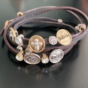 Brown leather with gold and silver charms wrap bracelet